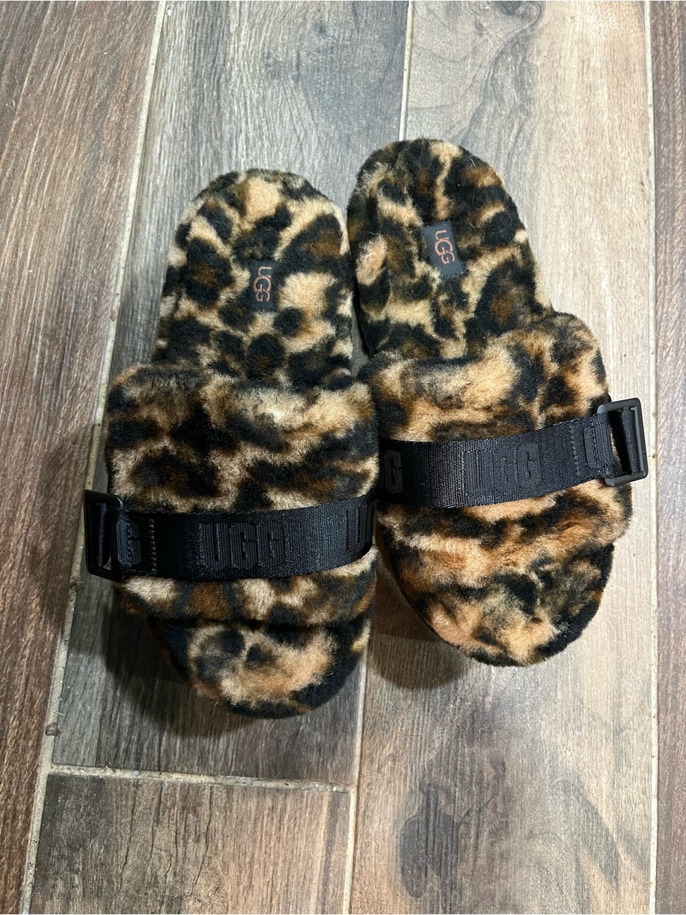 UGG Leopard Faux Fur Slide Sandals - Black/Brown